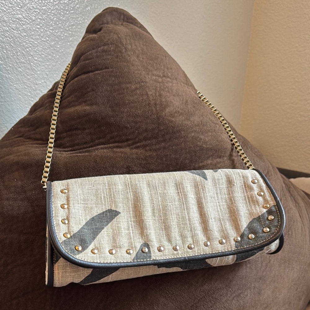 Loft Stylish Beige and Black Studded Clutch